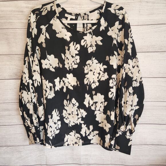 Maurices NWT womens XL black floral white cream long sleeve flowy boho blouse - Picture 1 of 10